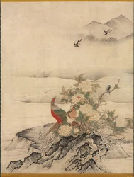 Blumen und Vögel in einer Frühlingslandschaft