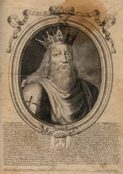 Chlodio, genannt „der Langhaarige“ (428-448), Vorfahr der Merowinger und Anführer der salischen Franken. Stich aus „Erhabene Darstellungen aller Könige Frankreichs von Pharamond an“.