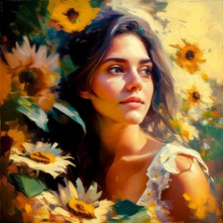 Ein schönes Mädchen in der Natur, umgeben von Sonnenblumen
