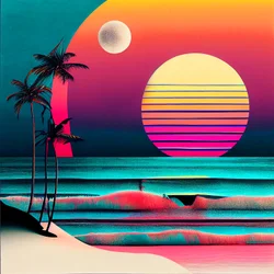 Sonnenuntergang über dem Strand und Palmen