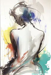 Aquarellzeichnung, die eine sitzende Frau von hinten darstellt