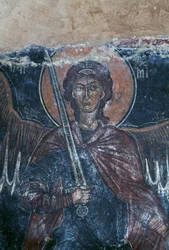 Engel mit Schwert, Fresko in der byzantinischen Kirche St. Georg, Komitades, Kreta, Griechenland (Foto)