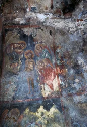 Christus und Engel, Fresko in der byzantinischen Kirche Agios Constantinos und Agia Eleni, Voukolies, Kreta, Griechenland (Foto)