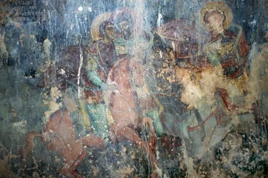 Heilige zu Pferd, Fresko in der byzantinischen Kirche von Agios Athanasios, Kefali, Kreta, Griechenland (Foto)