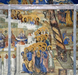 St. Peter öffnet die Tore des Himmels, Jüngstes Gericht Fresko im Kloster Timios Prodromos, Serres, Zentralmakedonien, Griechenland