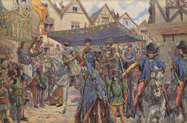 Menschenmengen auf den Straßen von Paris begrüßen Ludwig XI., als er aus Burgund kommt, um nach dem Tod seines Vaters Karl VII. sein Königreich zu beanspruchen