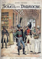 Jeder seine eigene Blume. Ein Soldat kaufte Blumen von einer Verkäuferin in einer überdachten Galerie in Paris im Jahr 1816. Nach einem Aquarell von Herrn Job. Gravur in „Le sun-du-dimanche“, 1. Januar 1899.