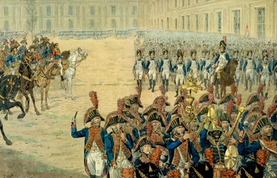 Erste Überprüfung der Konsulargarde im Hof der Tuilerien durch Napoleon I. Bonaparte. Nach der Annahme der Verfassung im Jahr 1800 verließ die Regierung das Palais du Luxembourg und zog in die Tuilerien. Am Tag seiner Installation überprüfte der Erste Kon