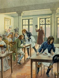 Französische Revolution von 1789: Napoleon I. Bonaparte (1769-1821) jung beim Gargotier Justat, von der Rue des Petits Peres (Petits-Peres) in Paris, reduziert auf ein einziges Gericht, das er für 6 Sous pro Portion bezahlte. Illustration von Jacques Marie