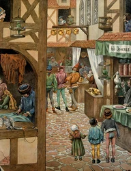 Geschichte Frankreichs im Mittelalter: Pariser Straße, nachdem König Ludwig XI., genannt der Kluge (1423-1483), den Vertrag von Péronne mit Karl dem Kühnen unterzeichnet hatte. Die Pariser hatten Papageien gekauft, denen sie beigebracht hatten, Péronne zu