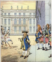 Ich habe fast gewartet! die Worte des Königs von Frankreich Ludwig XIV. genannt Sonnenkönig (1638-1715) vor dem Schloss von Versailles, als seine Kutschen zur genauen Zeit ankamen. Illustration von Job (Jacques Marie Gaston Onfray und Breville) (Jacques-Ma