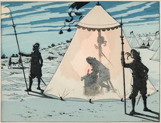 Illustration aus dem Buch „Le bon roy Henri“, illustriert von Jacques Marie Gaston Onfray de Breville dit JOB (1858-1931): Henri IV nach seinem Sieg in der Schlacht von Arques (1589) - Private Sammlung