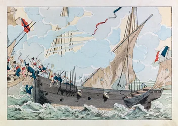 Illustration aus dem Buch „Les épées de France“: Robert Surcouf (1773-1827) mit seinem Schiff „La Coquette“ greift das englische Schiff „Queen Mary“ an