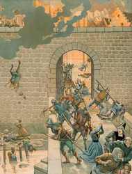 Jacques Marie Gaston Onfroy de Breville dit JOB (1858-1931) - Geschichte Belgiens: Karl der Kühne (1433-1477), Graf von Charolais, stürmt und verbrennt am 25. August 1466 die Stadt Dinant, Privatsammlung