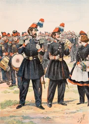 Uniformen der französischen Truppen zu allen Zeiten: Tambourmajor, Musikleiter und Kantiniere der Mobilen Garde