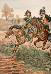 Jacques Marie Gaston Onfroy de Breville dit JOB (1858-1931) - Uniformen der französischen Truppen zu allen Zeiten: Kavallerist der Vendée und Piqueur (oder Piconnier) auf dem Pferd der Germanischen Legion (1793), Privatsammlung