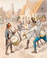Die kleine Trommel von Wattignies 1793 (Die Trommel Stroh (Strauh) fiel unter den Schlägen der Österreicher während der Schlacht), Privatsammlung
