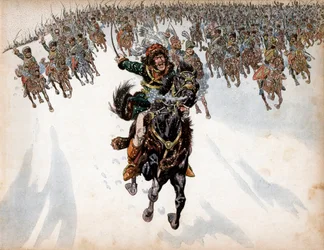Joachim Murat (1767-1815) an der Spitze der Kavallerie in der Schlacht bei Preußisch Eylau am 8. Februar