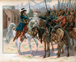 Joachim Murat (1767-1815) in Moskau bietet den Russen eine Uhr an. Gravur von Jacques Marie Gaston Onfray de Breville dit Job (1858-1931)