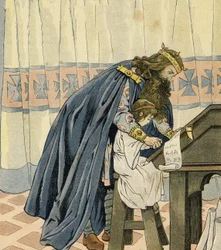 König Karl der Große (Karl I., bekannt als Karl der Große, 742-814) erzieht ein junges Kind und erfindet die Schule. In „Frankreich, seine Geschichte erzählt von G. Montorgueil, illustriert von Job“ 1896. Private Sammlung