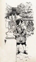 König Ludwig XIV. von Frankreich genannt Sonnenkönig (1638-1715) mit seinen Höflingen in den Gärten von Versailles. Illustration von Job (Jacques Marie Gaston Onfray und Breville) für das Buch 