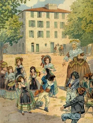 Napoleon I. Bonaparte (1769-1821) in Ajaccio wurde von seiner Haushälterin gescholten. Dies ist das Haus, in dem Bonaparte am 15. August 1769 geboren wurde. Illustration von Jacques Marie Gaston Onfray de Breville, genannt JOB (1858-1931)