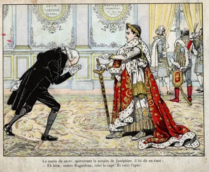 Napoleon und Notar Raguideau, Morgen der Krönung 1804 - Lithografie von Job (Jacques Onfroy de Bréville) aus „Le Grand Napoléon des Petites Enfants“ 1893.
