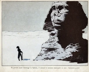 Napoleon studiert die Sphinx in Ägypten - Lithografie von Job (Jacques Onfroy de Bréville) aus „Le Grand Napoléon des Petites Enfants“ 1893.