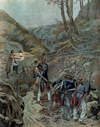 Preußenfeldzug (1806): Die Truppen arbeiteten daran, einen Durchgang für Kanonen am Fuße des Berges Iena zu erweitern
