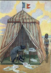 Szene aus der Geschichte Frankreichs mit Spielzeug: Napoleon I. Bonaparte (1769-1821) ruht sich vor der Schlacht von Austerlitz am 2. Dezember 1815 aus. In „Joujoux à l