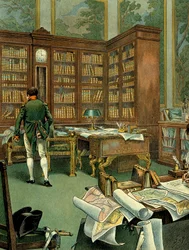 Arbeitskabinett Napoleons I. Bonaparte (1769-1821) im ersten Stock des Palais des Tuileries, als er Erster Konsul war. Schreibtisch mit Bibliothek und Uhr, aus Holz gefertigt. Illustration von Jacques Marie Gaston Onfray de Breville, genannt JOB