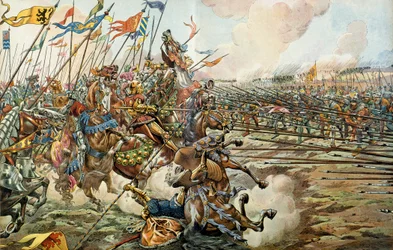 Die Schlacht von Grandson zwischen den Burgundern und den Schweizern in Grandson, Schweiz am 2. März 1476. Illustration von Jacques Marie Gaston Onfray de Breville dit JOB