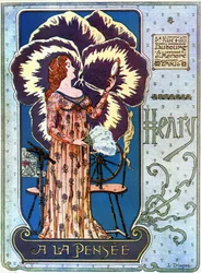 Jugendstil: Werbeplakat für das Kosmetikgeschäft „Henry à la Pensée“ in Paris. Eine junge Frau bewundert sich in einem Spiegel, hinter ihr eine Gedankenblume. Illustration von L. Trianon