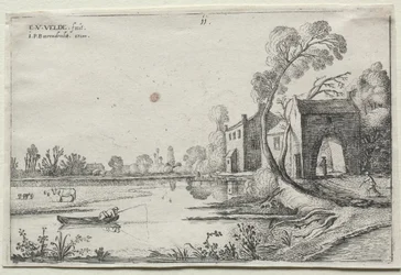 Landschaft mit einem Fluss und einem Torhaus, 1614