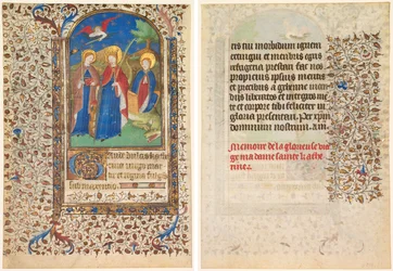 Blatt aus einem Stundenbuch: Heilige Geneviève, Katharina von Alexandria und Margareta (recto) und Text (verso)